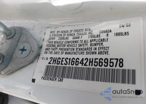 2002 Honda Civic Lx from USA, damaged, VIN 2HGES16642H569578